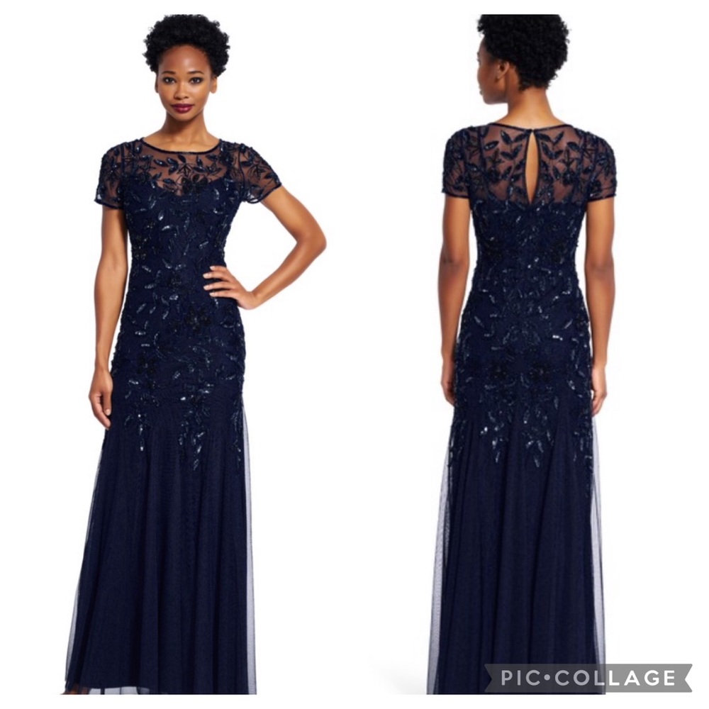 Adrianna papell PLUS SIZyshort sleeves Floral Beaded Godet long Gown - Picture 7 of 16